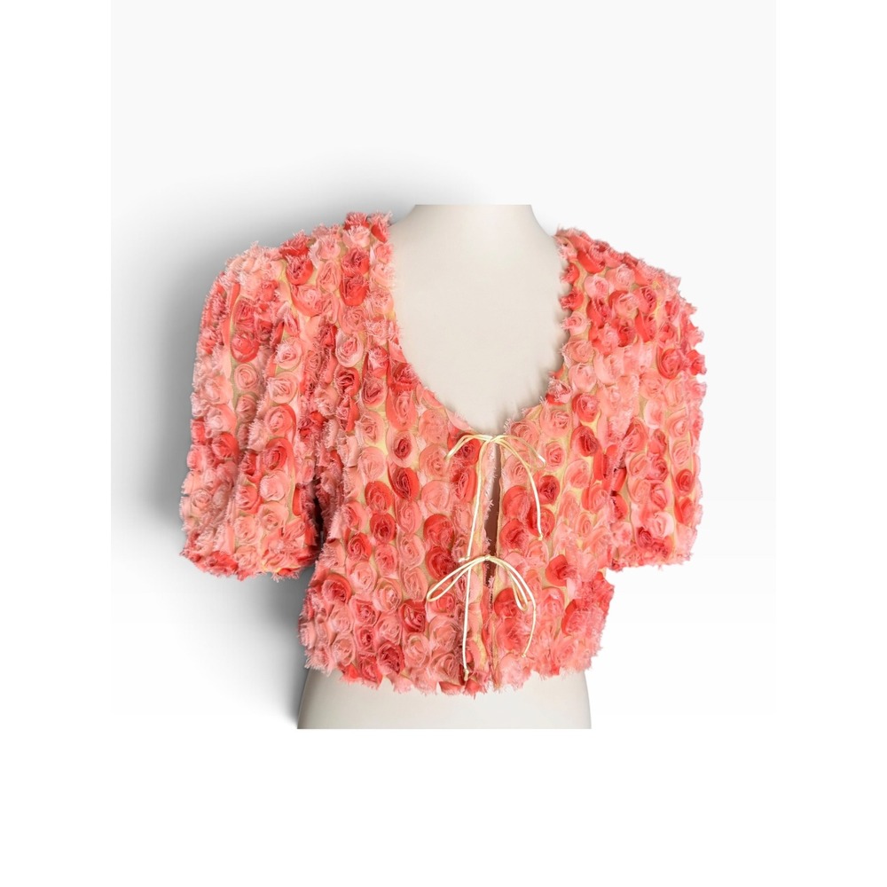Born Supply XL Pink 3D Rosette Crop Top Tie Front Floral Coquette Blouse cropped - Picture 1 of 14